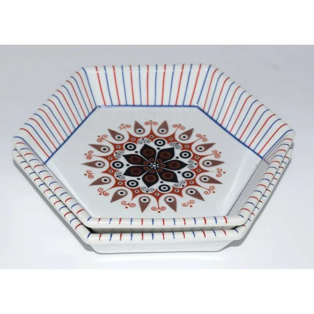 EUC Hexagonal Appetizer Plates 2pc 7.25in White Red Blue Good Mandala Boho